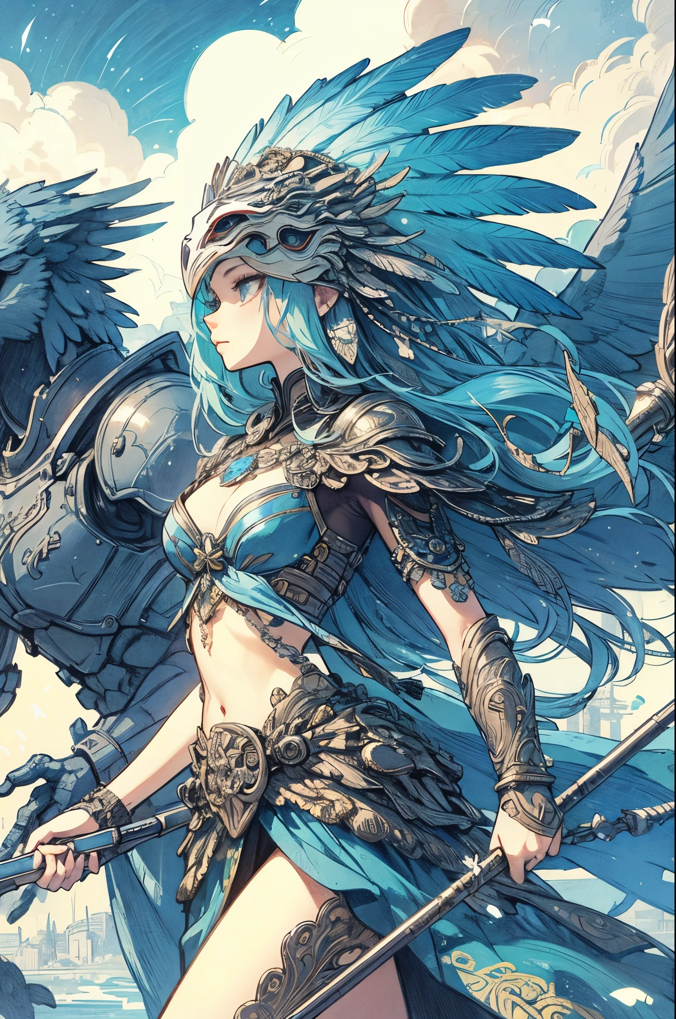(Detailed illustrations,Very detailed and detailed drawing,Delicate lines with slow and rapid,Realistic texture expression),[Color tressed main line],(Fantasy World Battlefield Background [Burning castle]),(GIRL ROBOT (blue wild eagle [(Mask of God) [[METALFACE]]]) (SKINNY)) [WEAPON MACHINE [battle shaman]],[Beautifully decorated arms and legs [(Graceful figure)feather dress]],eagle pattern,[use a spear as a weapon],[[Mobile Weapon Gigant Size][Science Fiction Mechanical]],(Intricate and beautiful decoration [Dense detail]),[Transparency],(Precisely drawn face)[完璧な目のdetaileds(Iris beautifully drawn in every detail)[Jewel-like eyes]],[long and beautiful eyelashes],[Meticulously drawn hair [美しく艷やかな髪のdetaileds]],(完璧な手のdetaileds [Beautiful fingers without breakdowns [Beautiful nails]]),(Perfect Anatomy(Perfectly proportioned))[[Full body like]],[Ideal color coordination(Accurate simulation of light-material interactions)],([Precision Detail](detaileds,high-detail)),[Visual art that conveys a sense of narrative].