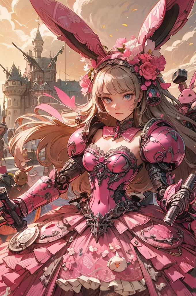 (Detailed illustrations,Very detailed and detailed drawing,Delicate lines with slow and rapid,Realistic texture expression),[Color tressed main line],(Battlefield of Fantasy World [Burning castle]),(GIRL ROBOT 12yo (Pink rabbit [METALFACE])) [WEAPON MACHINE],(([petal] Metal Dress [frilld]) [Floral pattern] [Clear pink translucent armor covering the body surface]) [bow ribbon]) [Energy tube glowing at the joint],[use a sledgehammer as a weapon],[[Mobile Weapon Gigant Size][Science Fiction Mechanical]],(Metallic luster at metal),(Intricate and beautiful decoration [Dense detail]),(Precisely drawn face)[Perfect eye details(Iris beautifully drawn in every detail)[Jewel-like eyes]],[long and beautiful eyelashes],[Meticulously drawn hair [More on beautiful and shiny hair]],(Perfect hand details [Beautiful fingers without breakdowns [Beautiful nails]]),(Perfect Anatomy(Perfectly proportioned))[[Full body like]],[Ideal color coordination(Accurate simulation of light-material interactions)],[Visual art that conveys a sense of narrative].