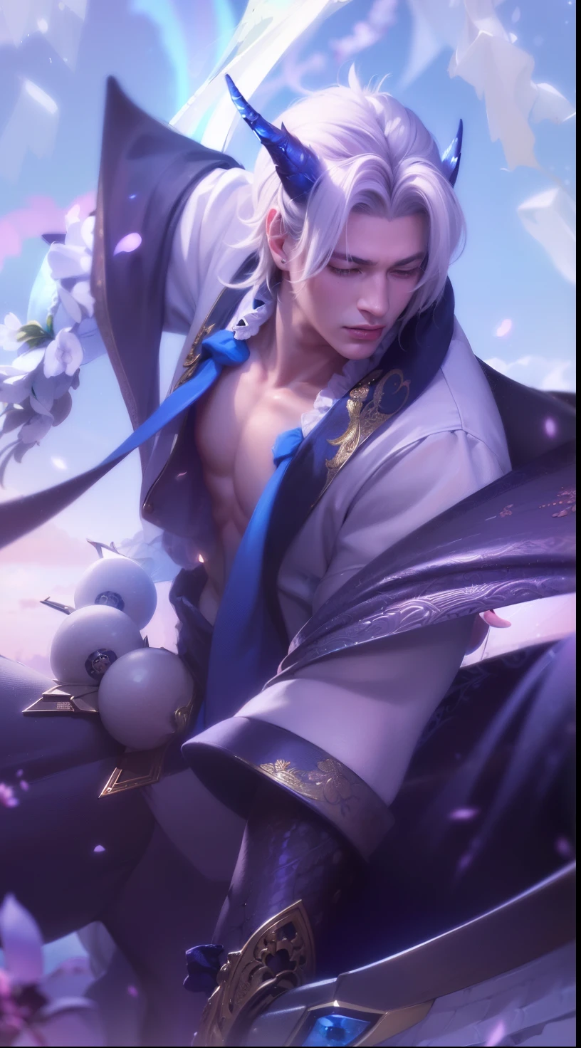 masculine male, masterpiece, ((perfect eyeest quality, (semirealism:1.9), beautiful lighting, (extremely detailed CG unity 4k fhd wallpaper), High Detail, Sharp focus, dramatic outdoors, 1 boy ,19 years old, white hair