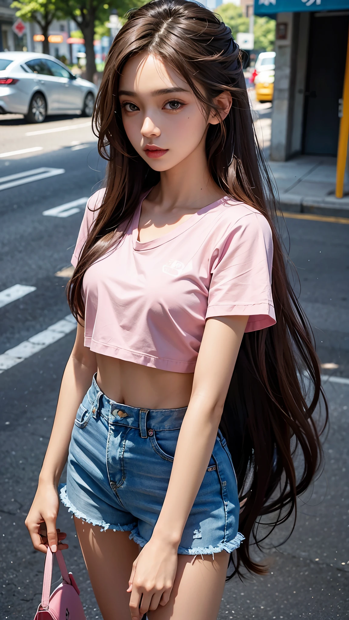 8K, masterpiece, ultra detailed, 1 girl, good face, light skin tone, very long hair, light makeup, glossy lips, small breasts, wearing pink loose half t-shirt, cropped shorts, realistic lighting, sun light, dark shadow, street background, 3d blur, front body capture,