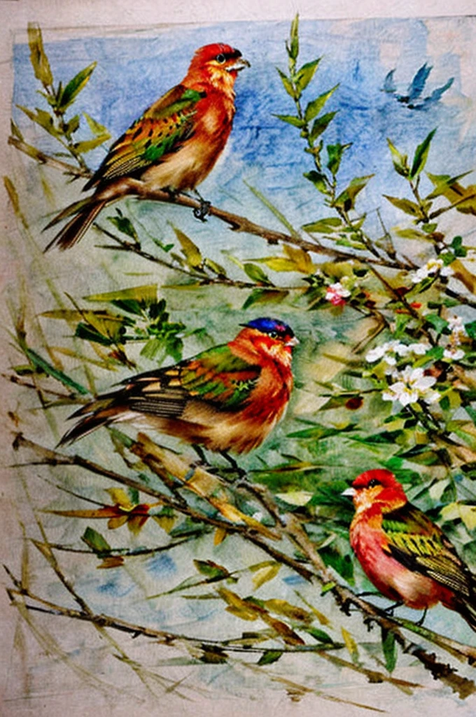 oiseaux, Style manga japonais, croquis, Watercolor Colors.