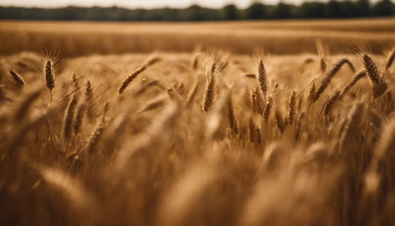 a wide-angle shot of a vast wheat field, showcasing the golden waves of grain as they sway in the wind