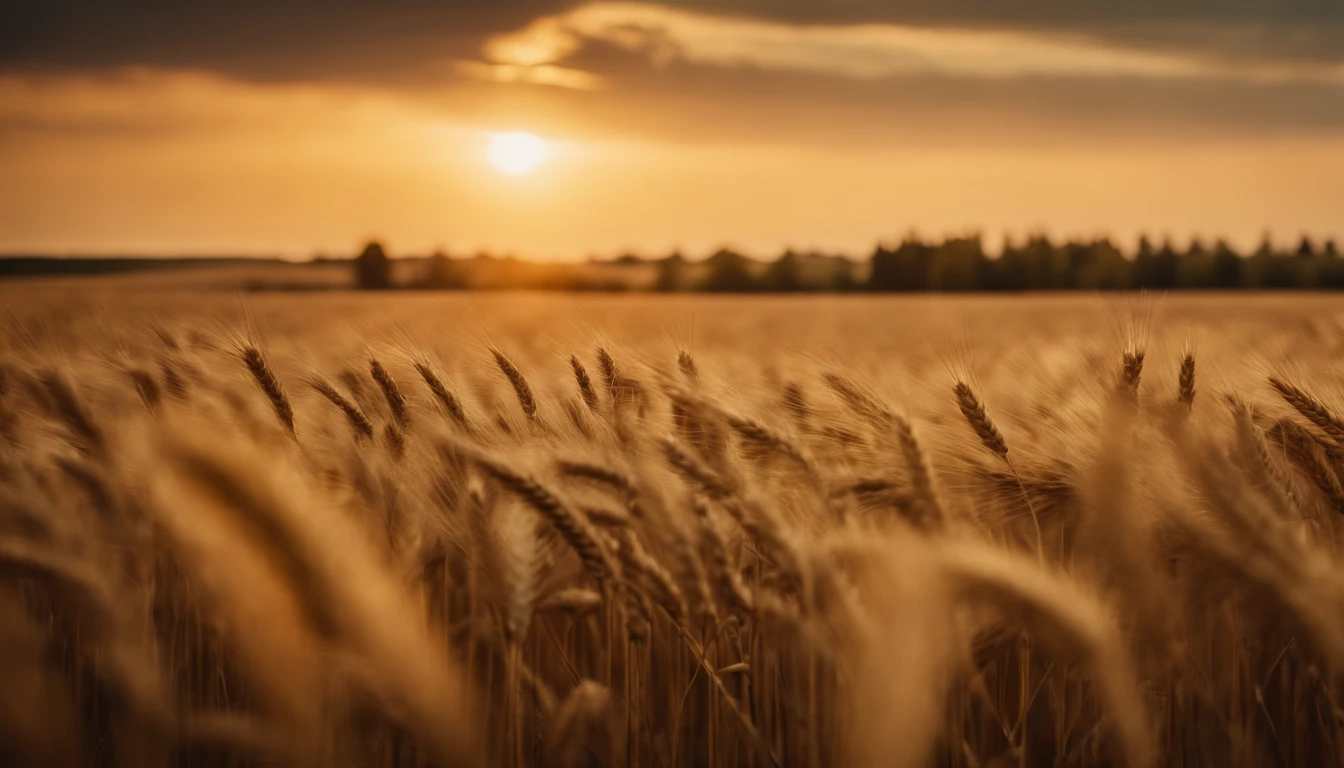 a wide-angle shot of a vast wheat field, showcasing the golden waves of grain as they sway in the wind