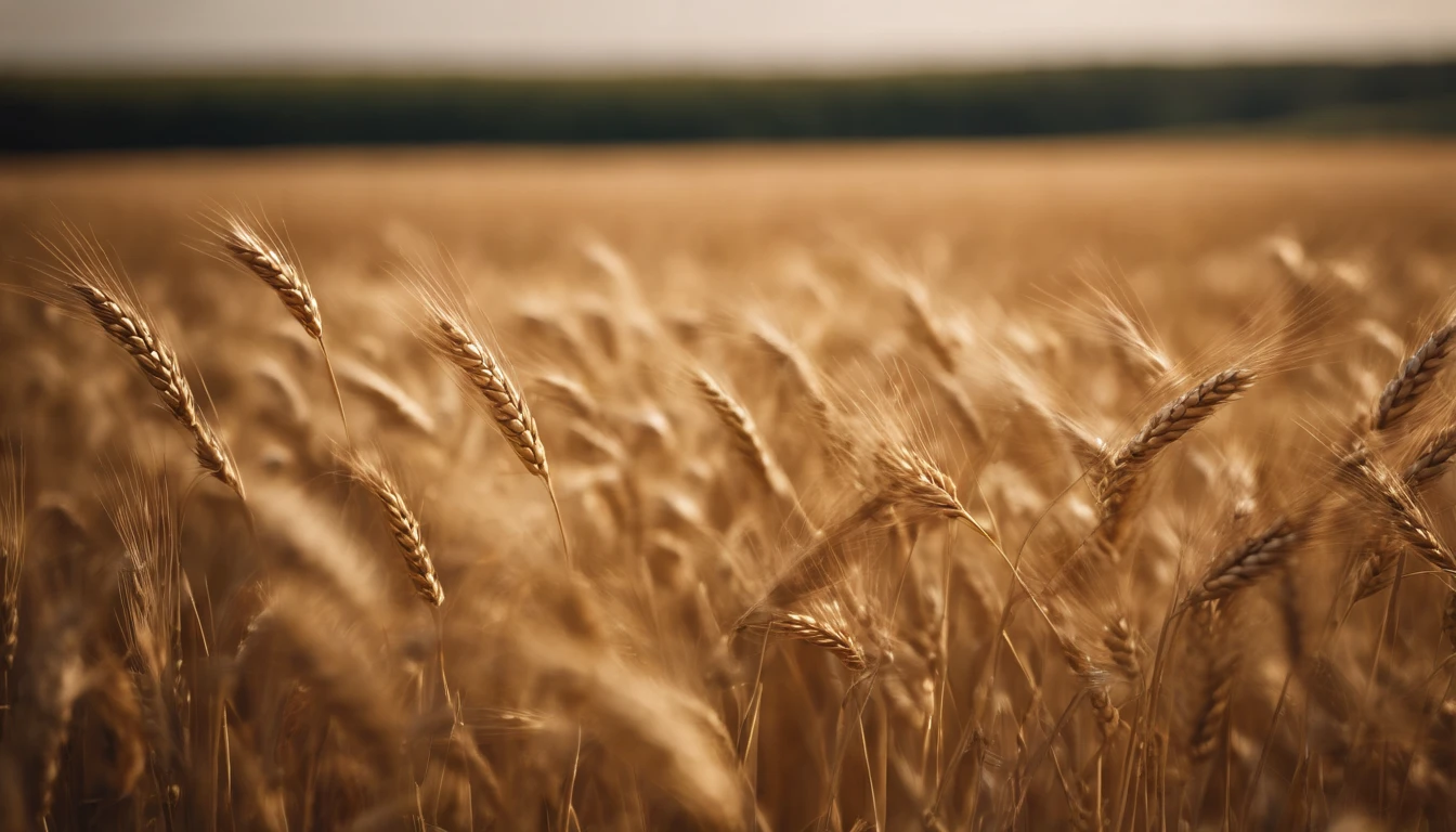 a wide-angle shot of a vast wheat field, showcasing the golden waves of grain as they sway in the wind