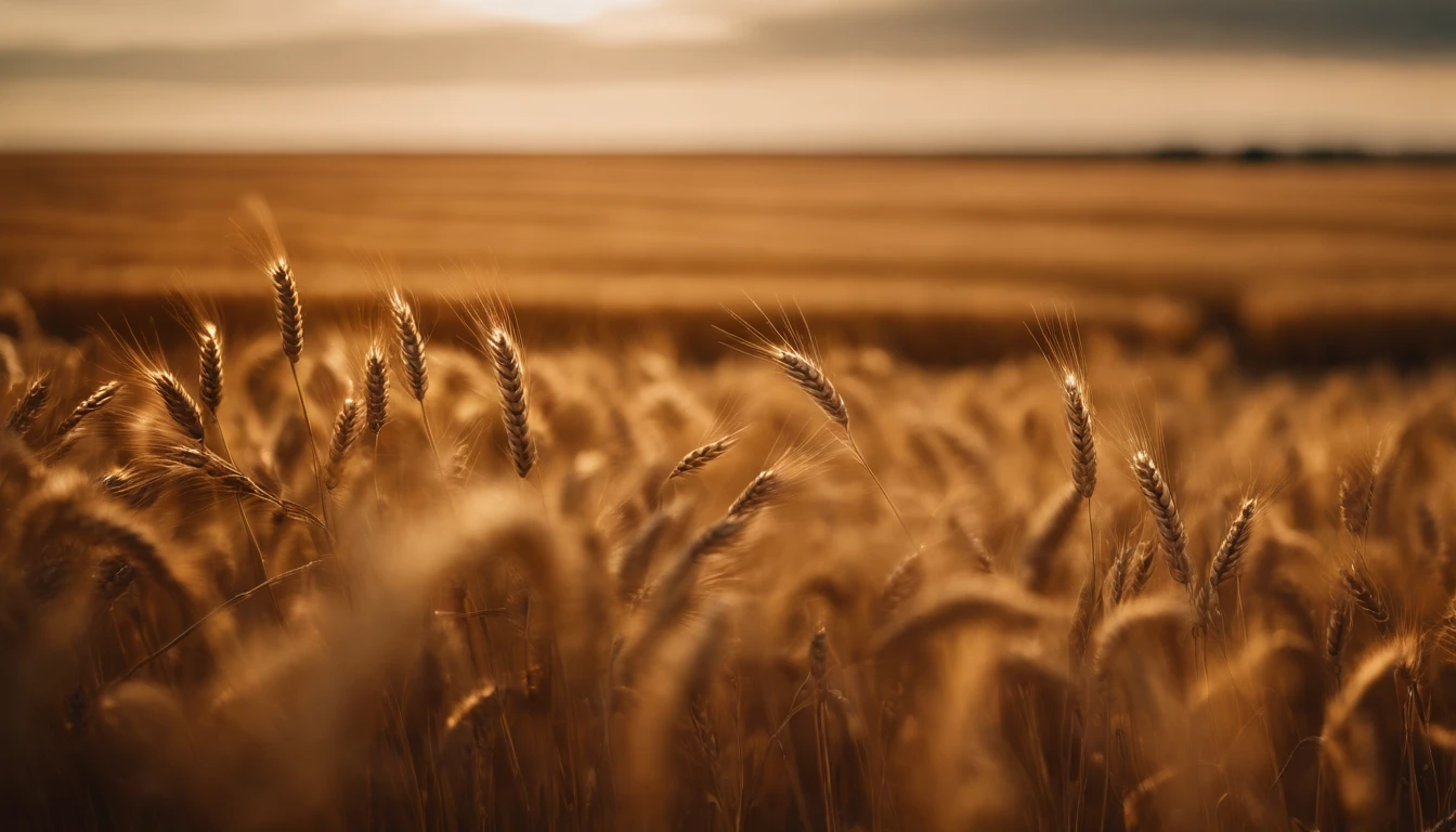 a wide-angle shot of a vast wheat field, showcasing the golden waves of grain as they sway in the wind