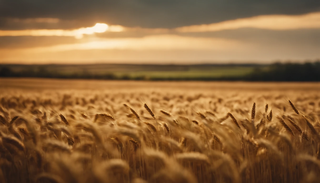 a wide-angle shot of a vast wheat field, showcasing the golden waves of grain as they sway in the wind