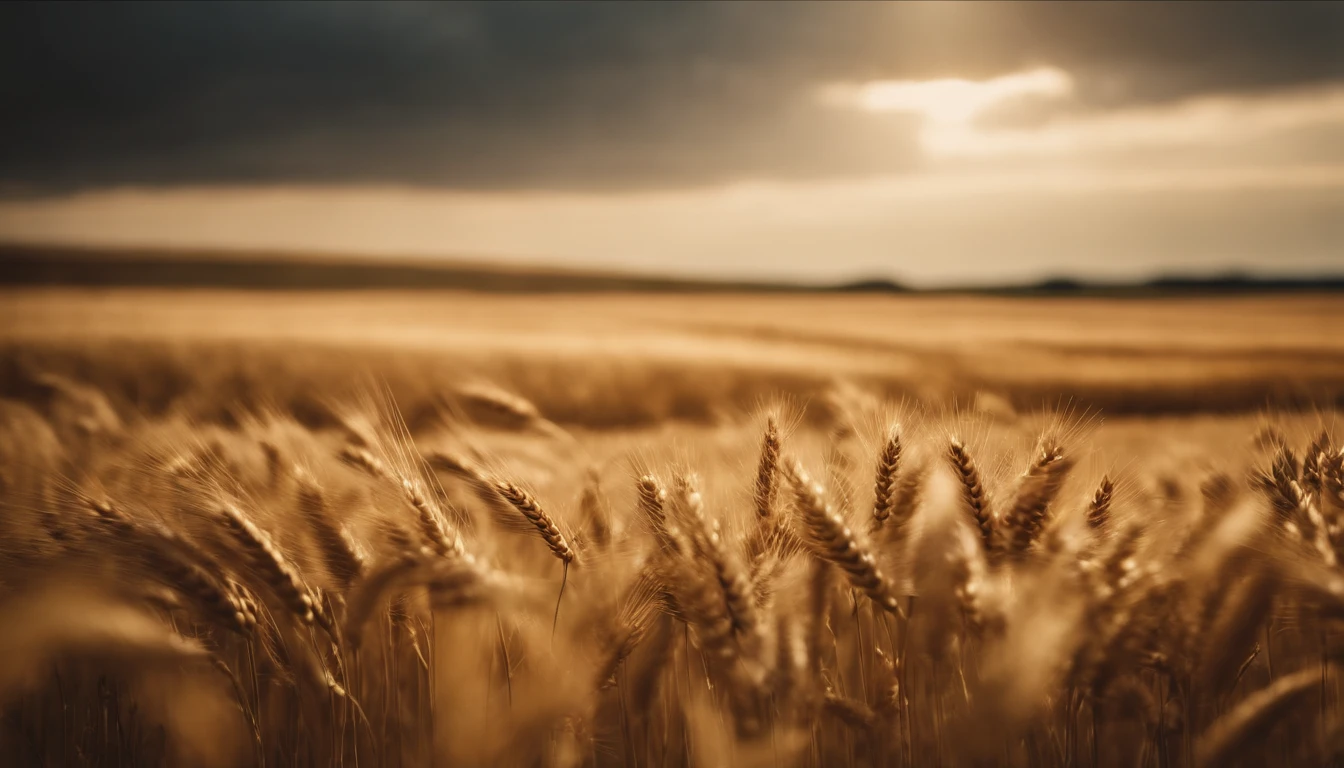 a wide-angle shot of a vast wheat field, showcasing the golden waves of grain as they sway in the wind