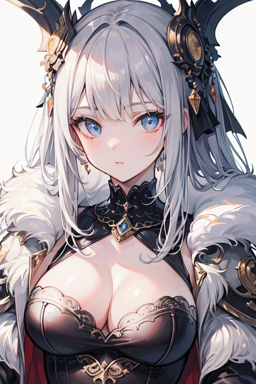 (hyper realisitic), (Illustration), (High resolution), (8K), (Extremely detailed), (Best Illustration), (Beautiful detailed eyes), (Best Quality), (Ultra-detailed), (masutepiece), (Wallpaper), (Detailed face), Solo 1 Girl, Big breasts, Upholstered round metal axe, Fur collar, Large Metal Hand Axe, Beautiful powerful eyes, Beautiful skin, Gray hair,