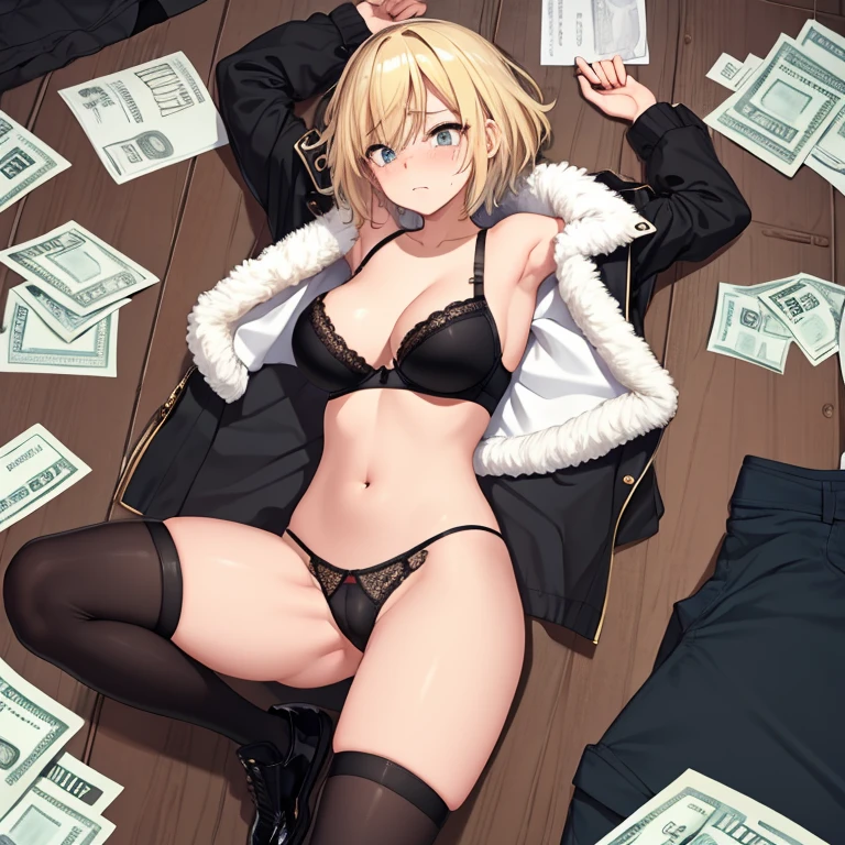 Sexy woman, bra and panties, in underwear, covering up, black high high socks, shoes, crowd in foreground offering money for clothes, shy, nervous, embarassed, standing, full body, enf, strip, short hair