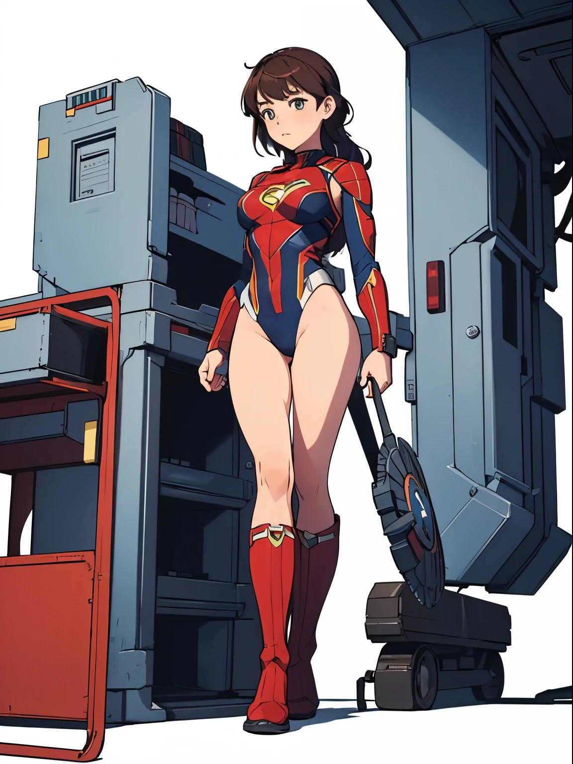 masterpiece, best quality, 1girl, solo, single, superhero, leotard, bare legs, boots, standing, straight, white background