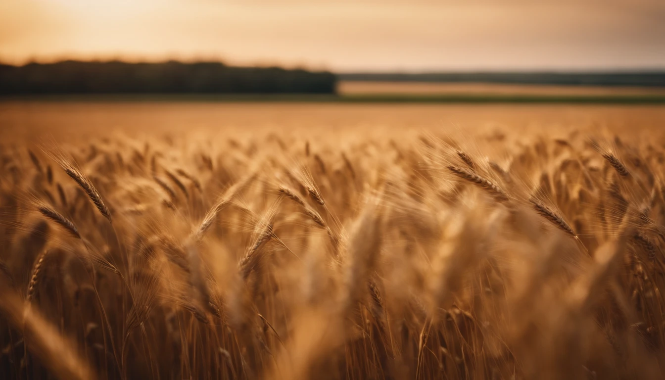 a wide-angle shot of a vast wheat field, showcasing the golden waves of grain as they sway in the wind