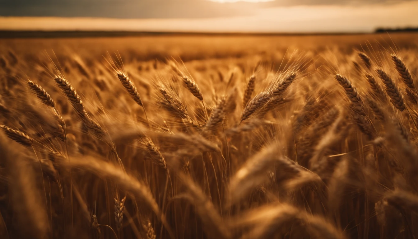 a wide-angle shot of a vast wheat field, showcasing the golden waves of grain as they sway in the wind