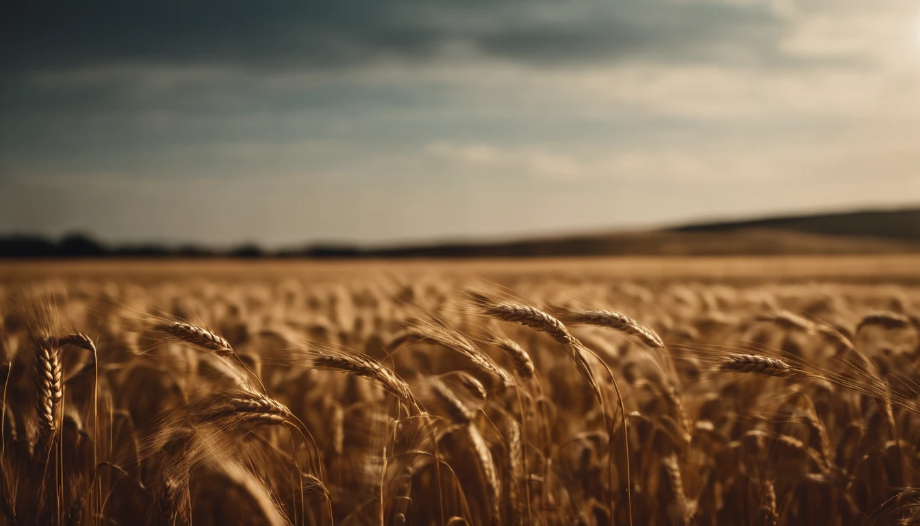 a wide-angle shot of a vast wheat field, showcasing the golden waves of grain as they sway in the wind