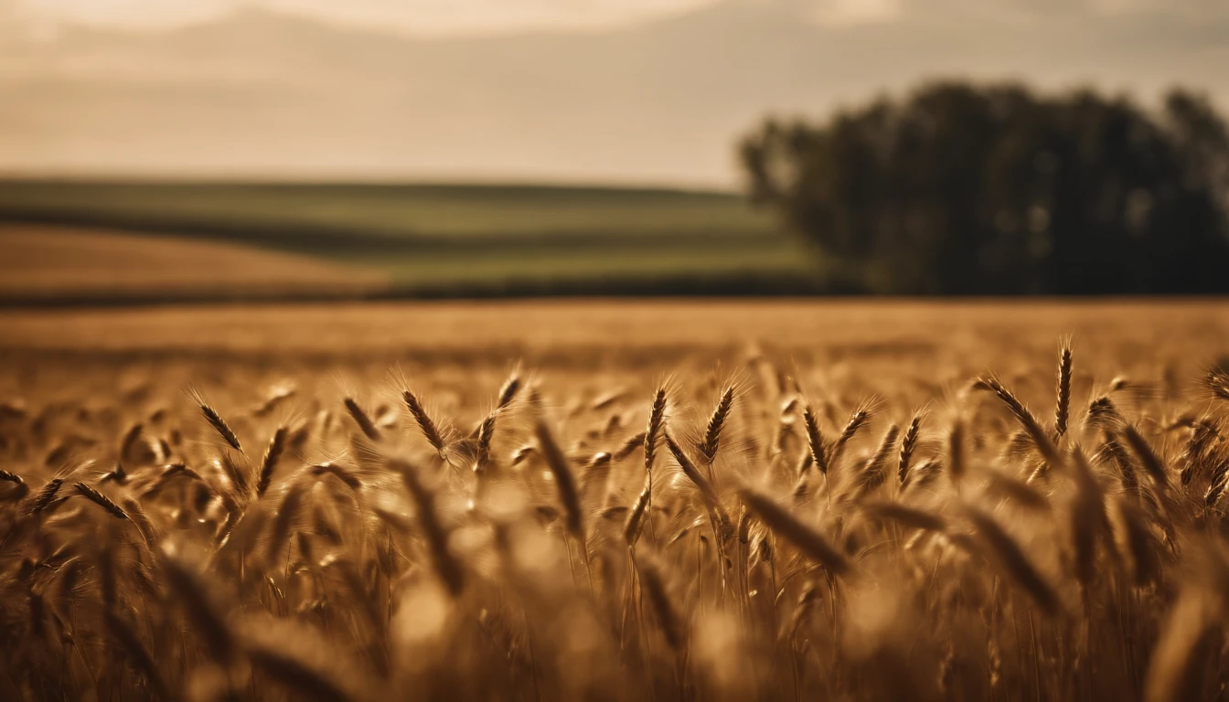a wide-angle shot of a vast wheat field, showcasing the golden waves of grain as they sway in the wind