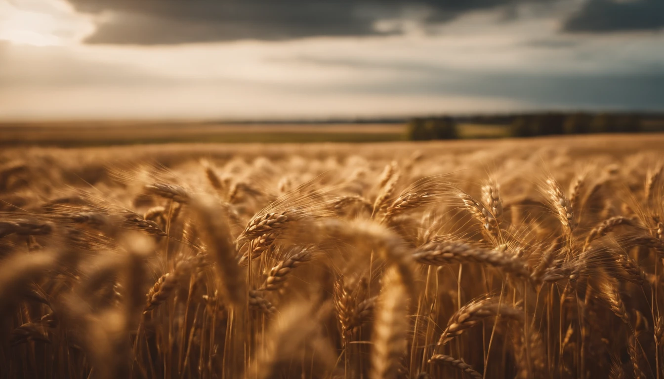 a wide-angle shot of a vast wheat field, showcasing the golden waves of grain as they sway in the wind