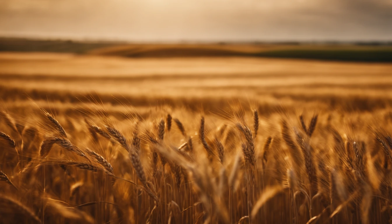 a wide-angle shot of a vast wheat field, showcasing the golden waves of grain as they sway in the wind