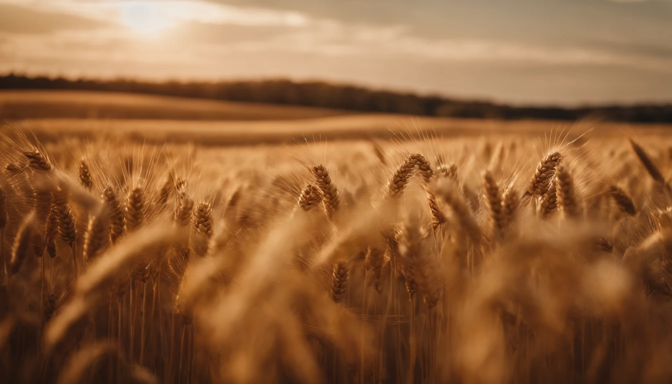 a wide-angle shot of a vast wheat field, showcasing the golden waves of grain as they sway in the wind