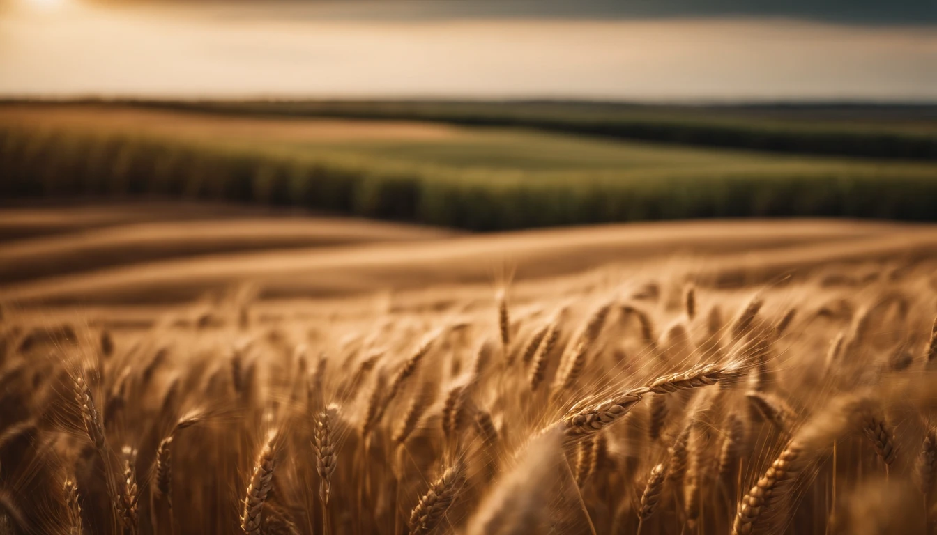 a wide-angle shot of a vast wheat field, showcasing the golden waves of grain as they sway in the wind