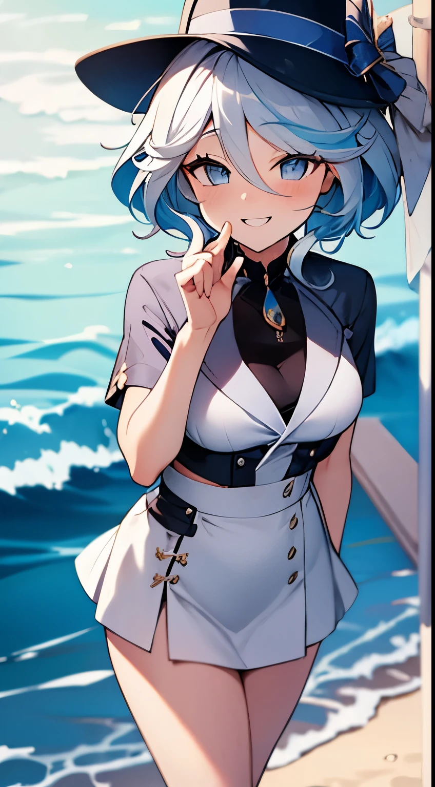 Masterpiece, best quality, 4k, Beach background, White casual clothes, short black skirt, smile, Sweating