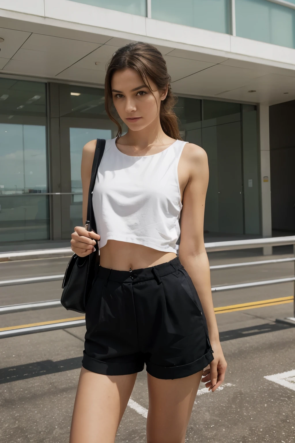 "Capture the image of a woman wearing shorts standing by an airport window. Embrace the style reminiscent of traditional British landscapes, emphasizing elements of travel. Employ a color palette that oscillates between dark whites and soft, bright oranges. Aim for vibrant colorism to underscore the atmosphere. Incorporate the contrast of polished airport concrete, leverage high-intensity lighting, and emphasize the dynamic and lively aspect of the scene. Realistic photo, 4K high definition