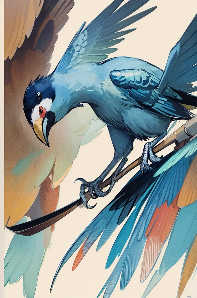 oiseaux, Style manga japonais, croquis, Watercolor Colors.