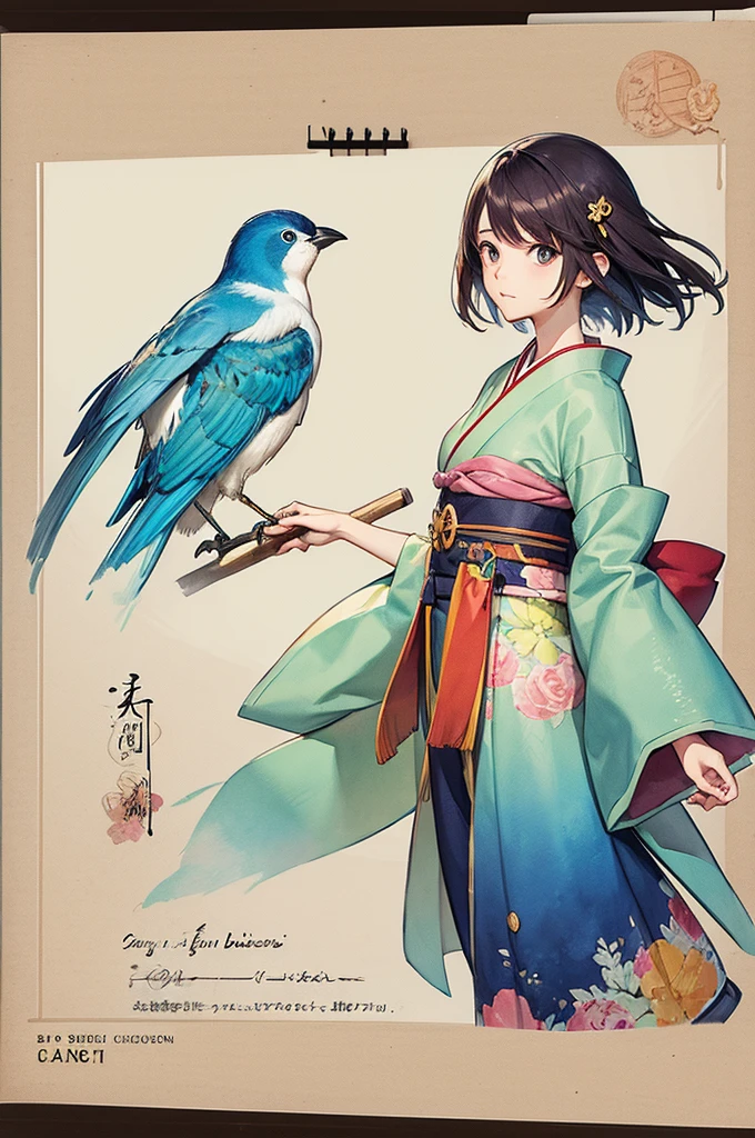 oiseaux, Style manga japonais, croquis, Watercolor Colors.