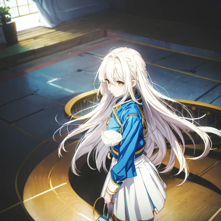 A loli,long white hair,Golden pupils,wearing blue jacket,White crop top,Light blue skirt,white stockings,Tired face