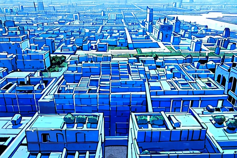 (masterpiece), (blue ancient sumerian city made of blue stone bricks), (blue stone bricks), sprawling city, buildings