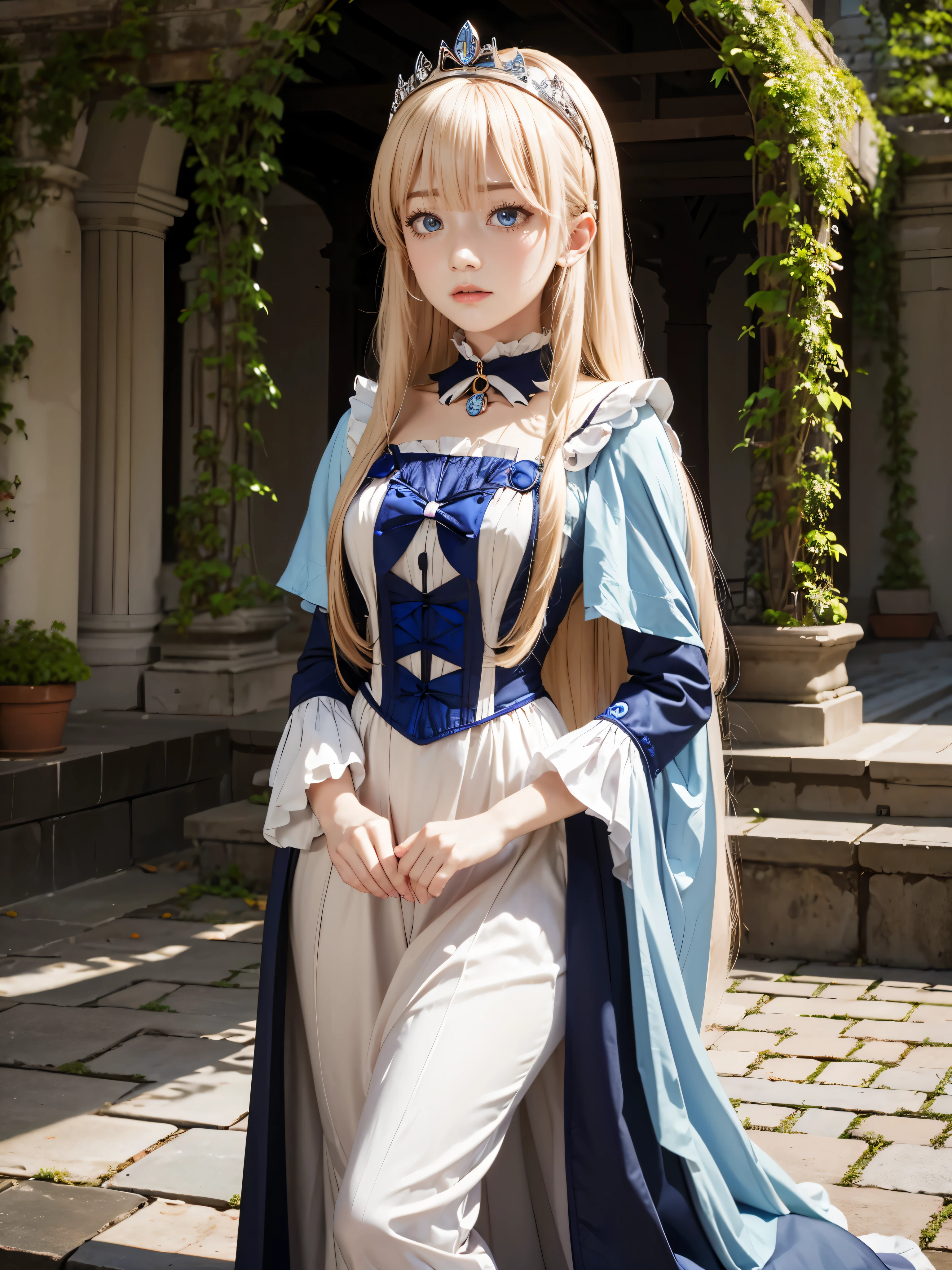 Raw Photography, High Resolution, Realistic, Masterpiece, 16 year old, Mia Luna Tearmoon, Looking at Viewer, Solo, Full Body Shot, Victorian Era, Garden Mansion, Detailed cute and beautiful face, White shiny skin, bangs, Blonde Super Long Straight Silky Hair, finer hair, Blue Eyes, Crown