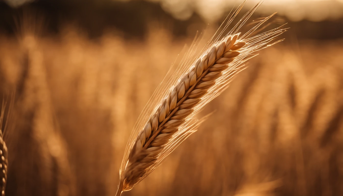 a close-up shot of a single wheat stalk, highlighting the intricate details of the seed head, the texture of the husk, and the warm tones of the grain