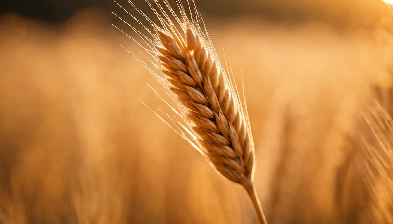 a close-up shot of a single wheat stalk, highlighting the intricate details of the seed head, the texture of the husk, and the warm tones of the grain