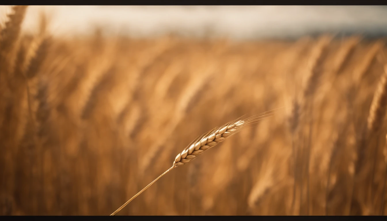 a close-up shot of a single wheat stalk, highlighting the intricate details of the seed head, the texture of the husk, and the warm tones of the grain