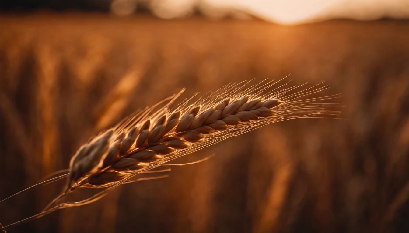 a close-up shot of a single wheat stalk, highlighting the intricate details of the seed head, the texture of the husk, and the warm tones of the grain