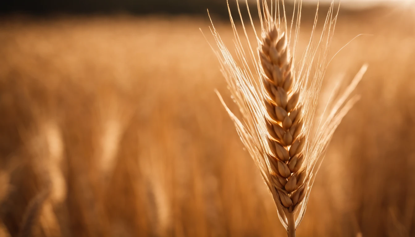 a close-up shot of a single wheat stalk, highlighting the intricate details of the seed head, the texture of the husk, and the warm tones of the grain