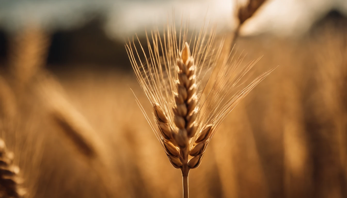 a close-up shot of a single wheat stalk, highlighting the intricate details of the seed head, the texture of the husk, and the warm tones of the grain