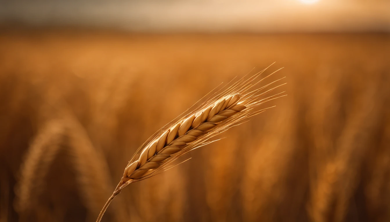 a close-up shot of a single wheat stalk, highlighting the intricate details of the seed head, the texture of the husk, and the warm tones of the grain