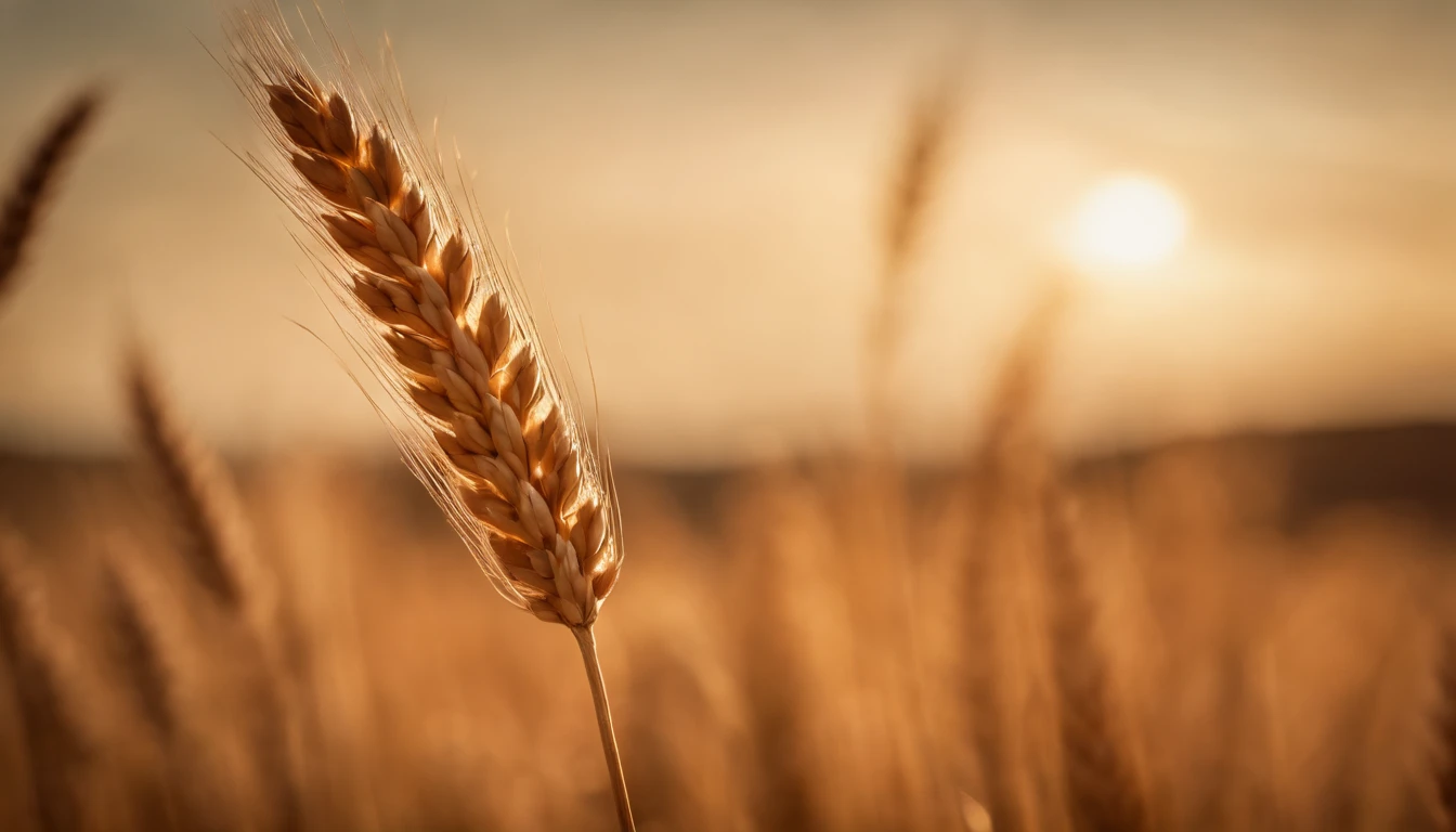 a close-up shot of a single wheat stalk, highlighting the intricate details of the seed head, the texture of the husk, and the warm tones of the grain