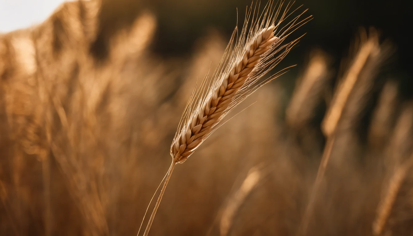 a close-up shot of a single wheat stalk, highlighting the intricate details of the seed head, the texture of the husk, and the warm tones of the grain