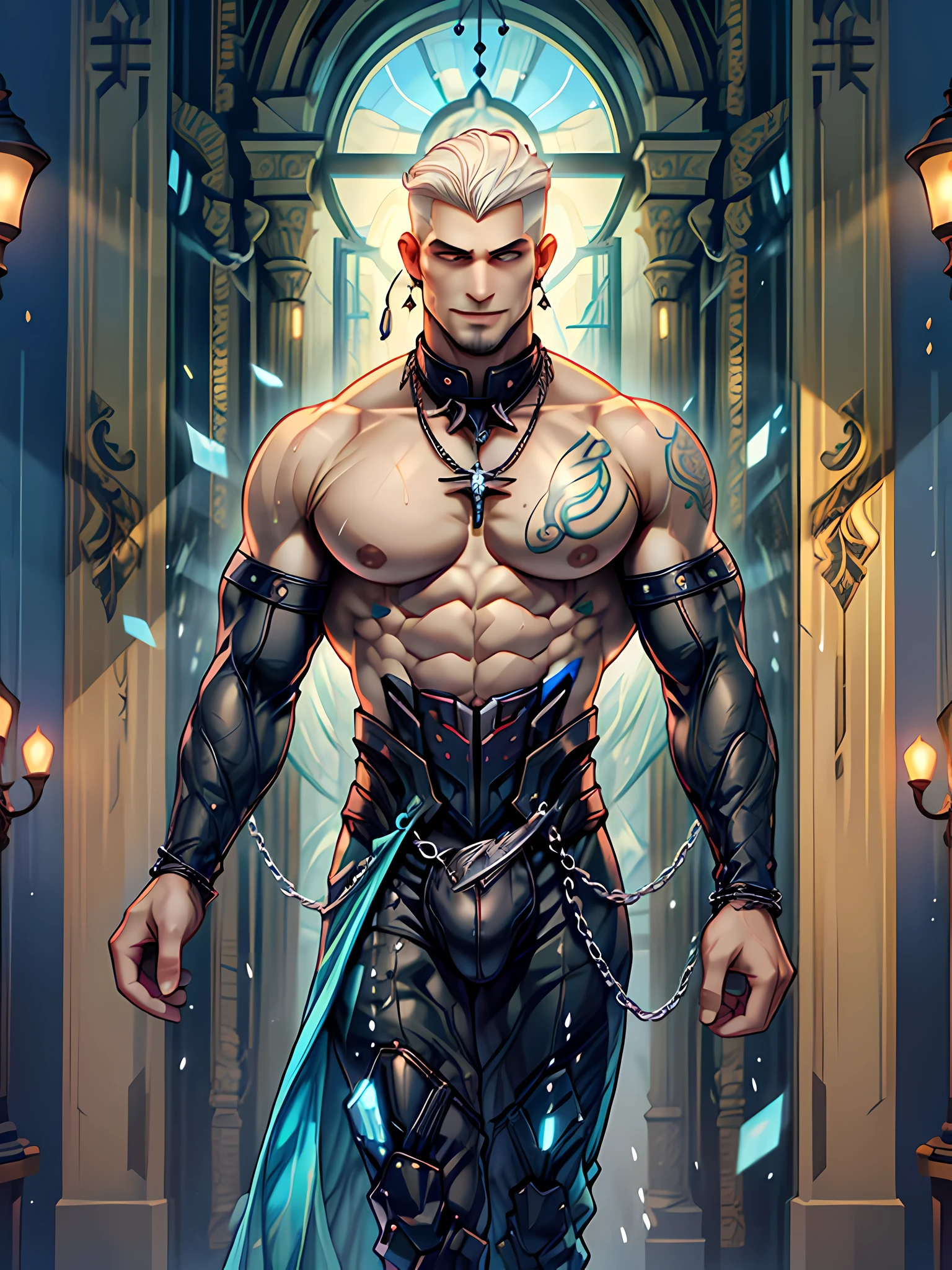 (3D:0.6,realistic:0.8,photorealistic:0.8),(absurdres, Super-resolution, masterpiece, best quality, finely detailed,absurdres:1.2), (((natural lighting))), god-rays, butt, 1male, 21 years old male, Pectoral muscles are plumped, crouch, bulge, muscular, athletic, textured skin, stubble, big body, handsome man, attractive male, seductive, alpha, dominated, lewd, earrings, necklace, smirk, piercing, glowing neon blue eyes, big chest, cold pale white skin, raining, wet, sweaty, saliva, mucus, exhibitionist, tattoo, big arms, open cloak, alpha male, gay, yaoi, twin guns, chain bracelets, white shaved hair, dramatic illumination