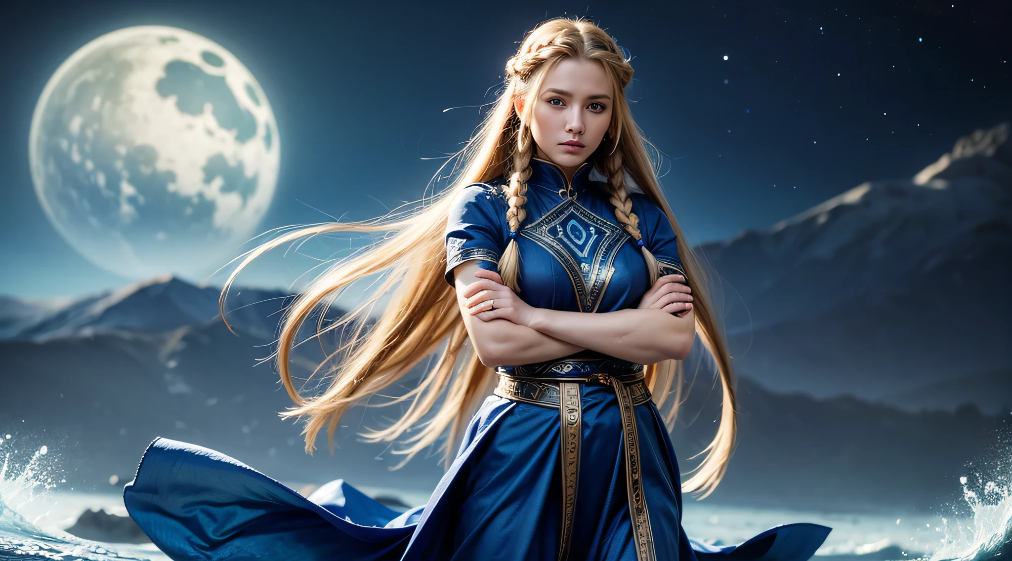 white woman with two braids and blue eyes, Olhando para o oceano, Mulher bonita e estilo viking, blonde braids and blue eyes, Two Long Braids, Two Long Braids, cabelos castanhos claros, olhos azuis, Olhos do Azure, Olhos azuis azuis, Woman with braided brown hair, olhos azuis impressionantes, Norse goddess, folded arms, Fundo Oceano, oceano de fundo, folded arms, roupa futurista azul escuro cobrindo todo o corpo, roupa futurista azul escuro, uma pena azul escura no cabelo, 2 long braids in the hair going down the back