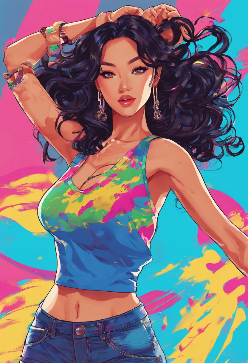 girl, k-pop star, dancing,long curly black hair, blue eyes, sexy outfit.