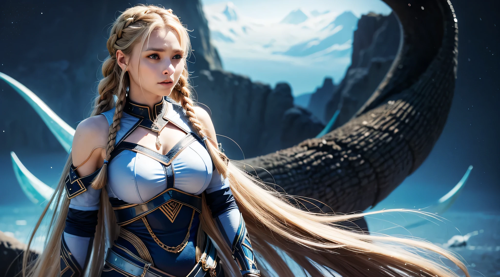 white woman with two braids and blue eyes, Olhando para o oceano, Mulher bonita e estilo viking, blonde braids and blue eyes, Two Long Braids, Two Long Braids, cabelos castanhos claros, olhos azuis, Olhos do Azure, Olhos azuis azuis, Woman with braided brown hair, olhos azuis impressionantes, Norse goddess, folded arms, fundo universo, Universo de fundo, folded arms, roupa futurista azul escuro cobrindo todo o corpo, roupa futurista azul escuro, uma pena azul escura no cabelo, 2 long braids in the hair going down the back