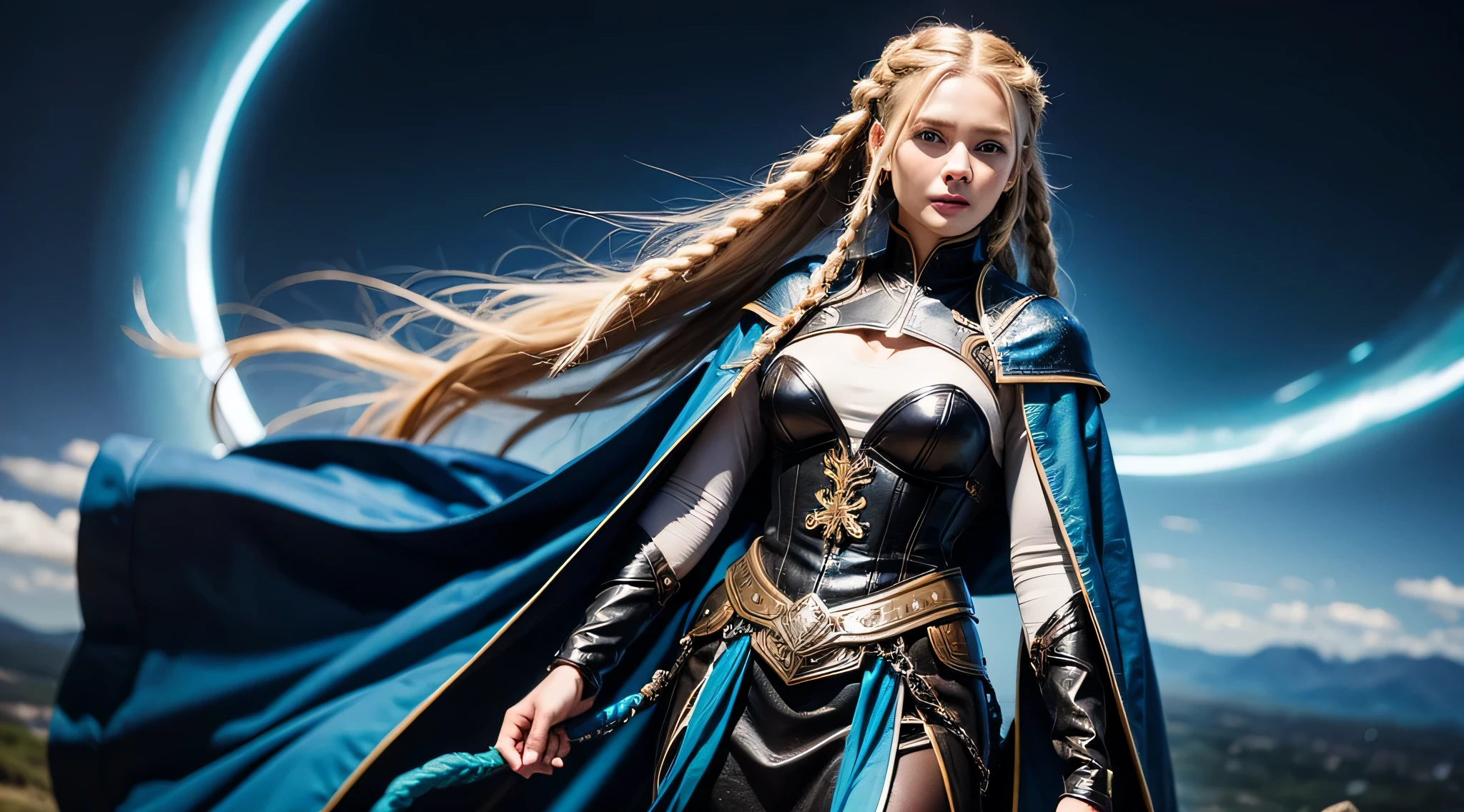 white woman with two braids and blue eyes, Olhando para o oceano, Mulher bonita e estilo viking, blonde braids and blue eyes, Two Long Braids, Two Long Braids, cabelos castanhos claros, olhos azuis, Olhos do Azure, Olhos azuis azuis, Woman with braided brown hair, olhos azuis impressionantes, Norse goddess, folded arms, fundo universo, Universo de fundo, folded arms, roupa futurista azul escuro cobrindo todo o corpo, roupa futurista azul escuro, uma pena azul escura no cabelo, 2 long braids in the hair going down the back