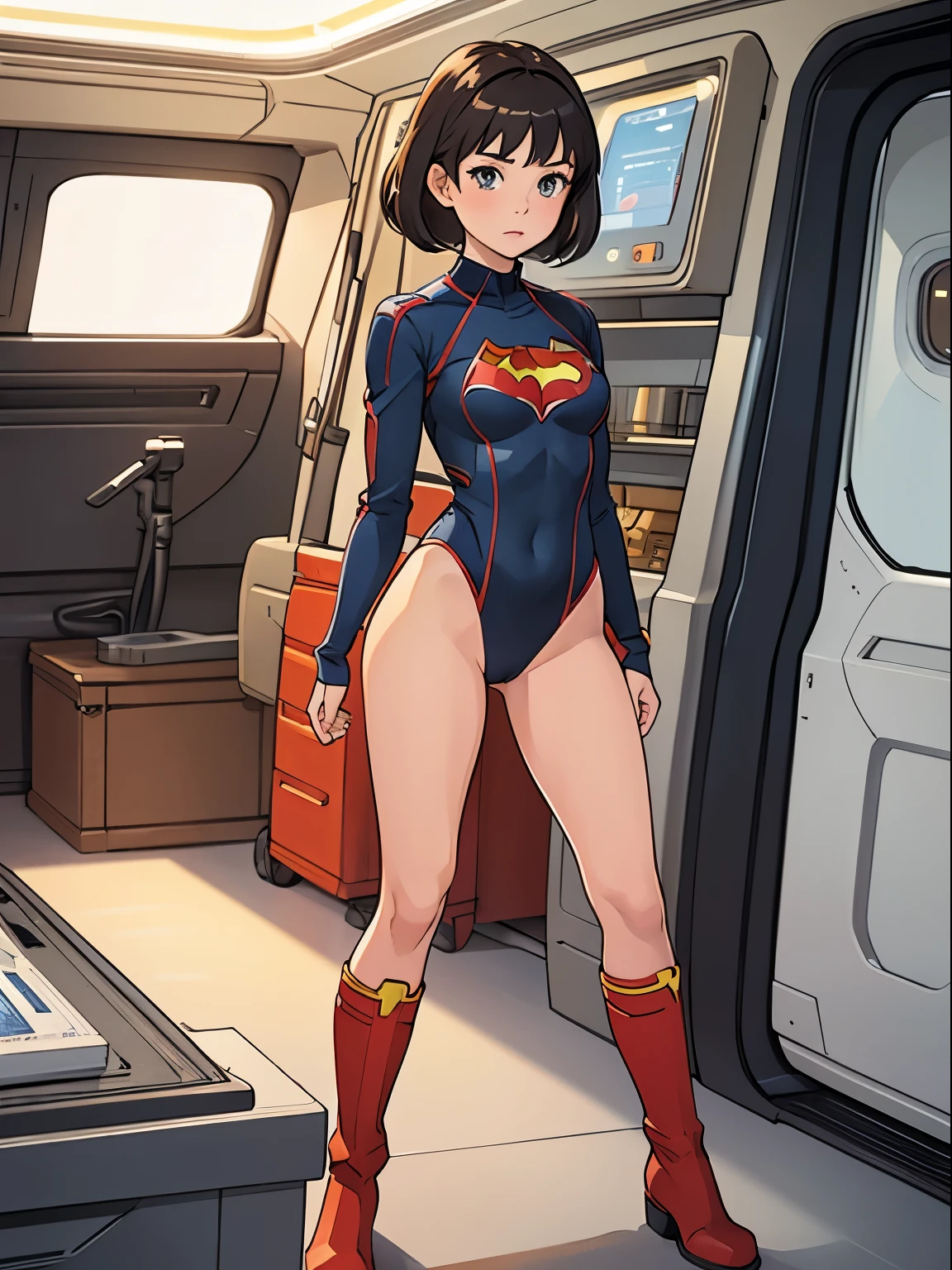 masterpiece, best quality, 1girl, solo, single, superhero, leotard, bare legs, boots, standing straight, time travel