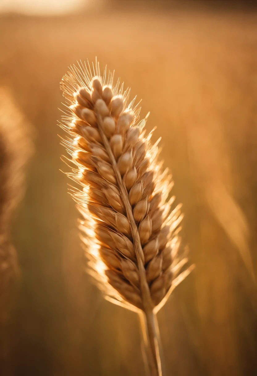 a close-up shot of a single wheat stalk, highlighting the intricate details of the seed head, the texture of the husk, and the warm tones of the grain