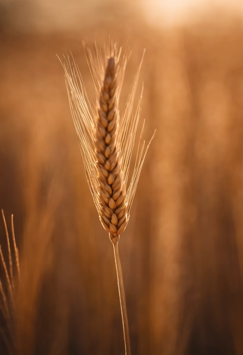 a close-up shot of a single wheat stalk, highlighting the intricate details of the seed head, the texture of the husk, and the warm tones of the grain