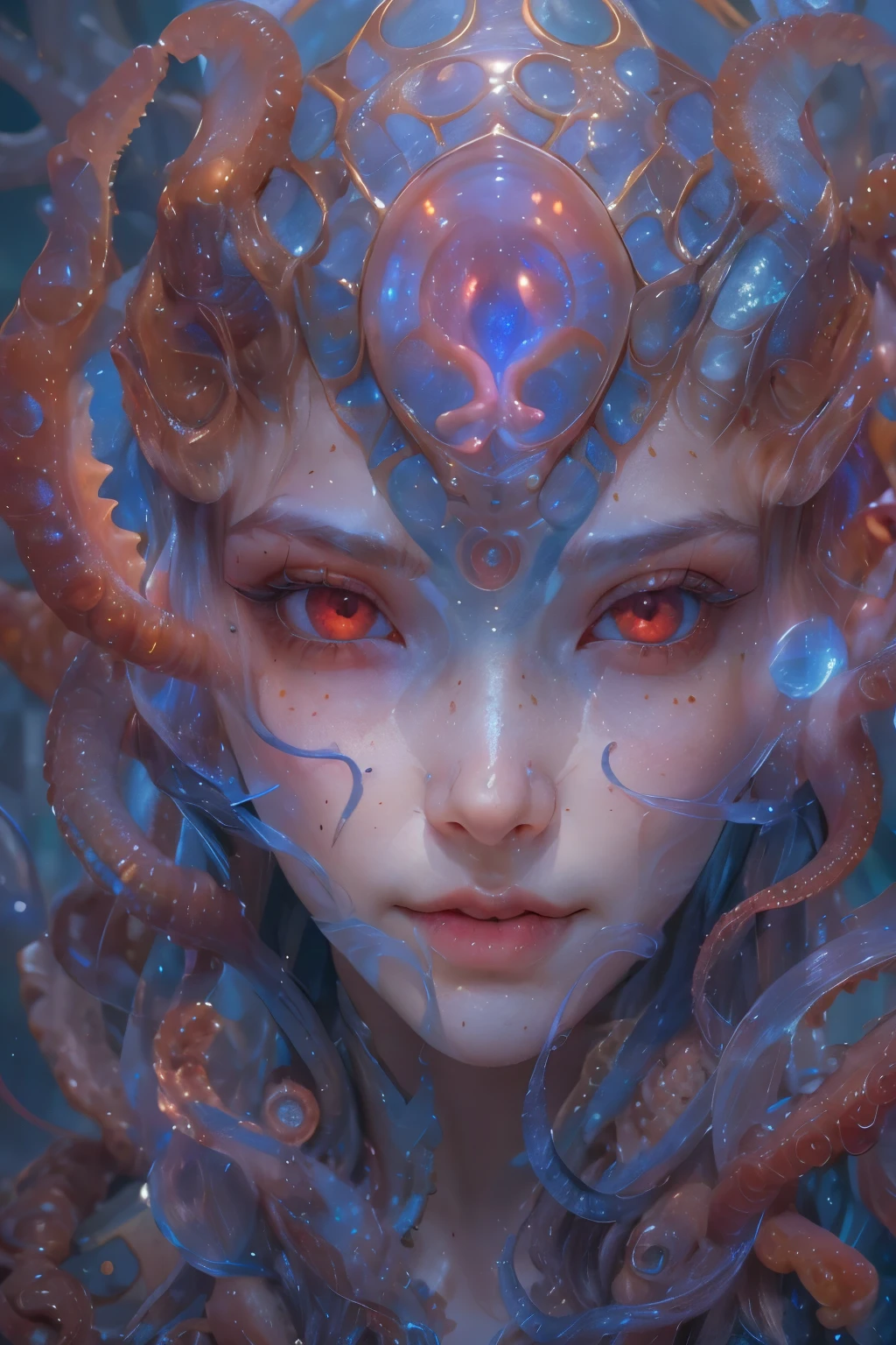 Portrait, (beautiful female alien:1.2), (she has red eyes with no pupils:1.8), (Translucent skin:1.7), (There is a female genital-like organ in the middle of the forehead:1.9), (The most beautiful face in the history of the universe:1.2),an evil gaze that seduces, (large mouth:1.1), (sharp teeth like a vampire:1.2), Full body like, (bio luminescent:1.5), (Smile wickedly:1.3), (sexypose:1.5), alien, No humans, cells are fused, (Lots of translucent tentacles:1.3) extraterrestrial, cell, bio image, Best Quality, 8K,4K_quality, High Definition, Dramatic Lighting, masutepiece:1.5,cinematic quality, detail up, (Intricate details:1.2), High resolution, High Definition, drawing faithfully, (Thick eyebrows:1.2), Beautiful eyes with fine symmetry,(Highly detailed face and eyes:1.2), Intimate face, (Super detailed skin quality feeling:1.4), Perfect Anatomy, (Beautiful toned body:1.5), (Moist skin:1.2), No makeup, (dark circles:1.1), long canines, cinematic drawing of characters, ultra high quality model, cinematic quality, detail up, (Intricate details:1.2), High resolution, High Definition, drawing faithfully, Official art, Unity 8K wall , 8K Portrait, Best Quality, Very High resolution, ultra detailed artistic photography, midnight aura, unreal enginee 5, Ultra Sharp Focus, art by alberto seveso, ArtGerm, Roisch, intricate artwork, best quality, masutepiece, ultra High resolution, (photos realistic:1.4), Ultra-realistic realism, dream-like, nautilus, Creation of fantasy, Snail, Dream Snail, biopunk nautilus, Thrilling color schemes, Ultra-realistic realism, seductively smiling, Blue tentacles,
