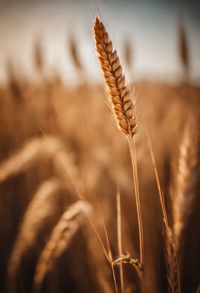 a close-up shot of a single wheat stalk, highlighting the intricate details of the seed head, the texture of the husk, and the warm tones of the grain