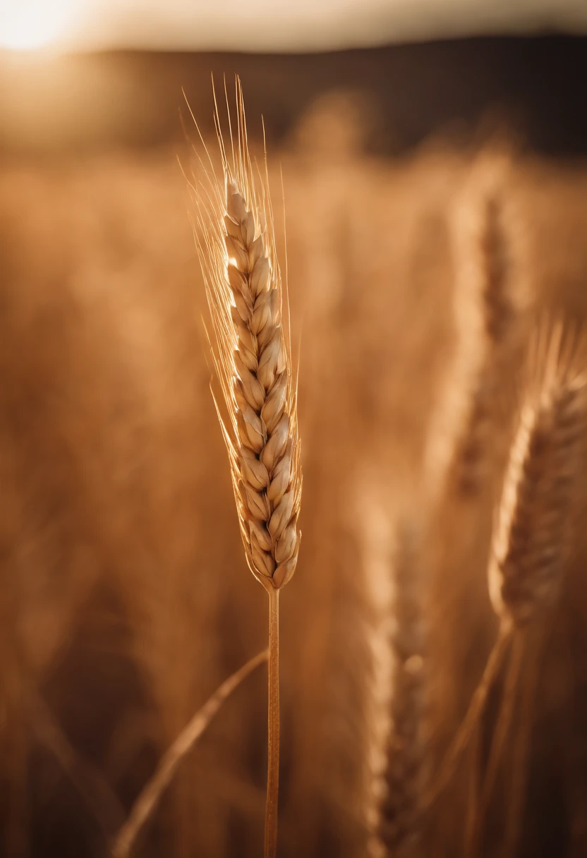 a close-up shot of a single wheat stalk, highlighting the intricate details of the seed head, the texture of the husk, and the warm tones of the grain