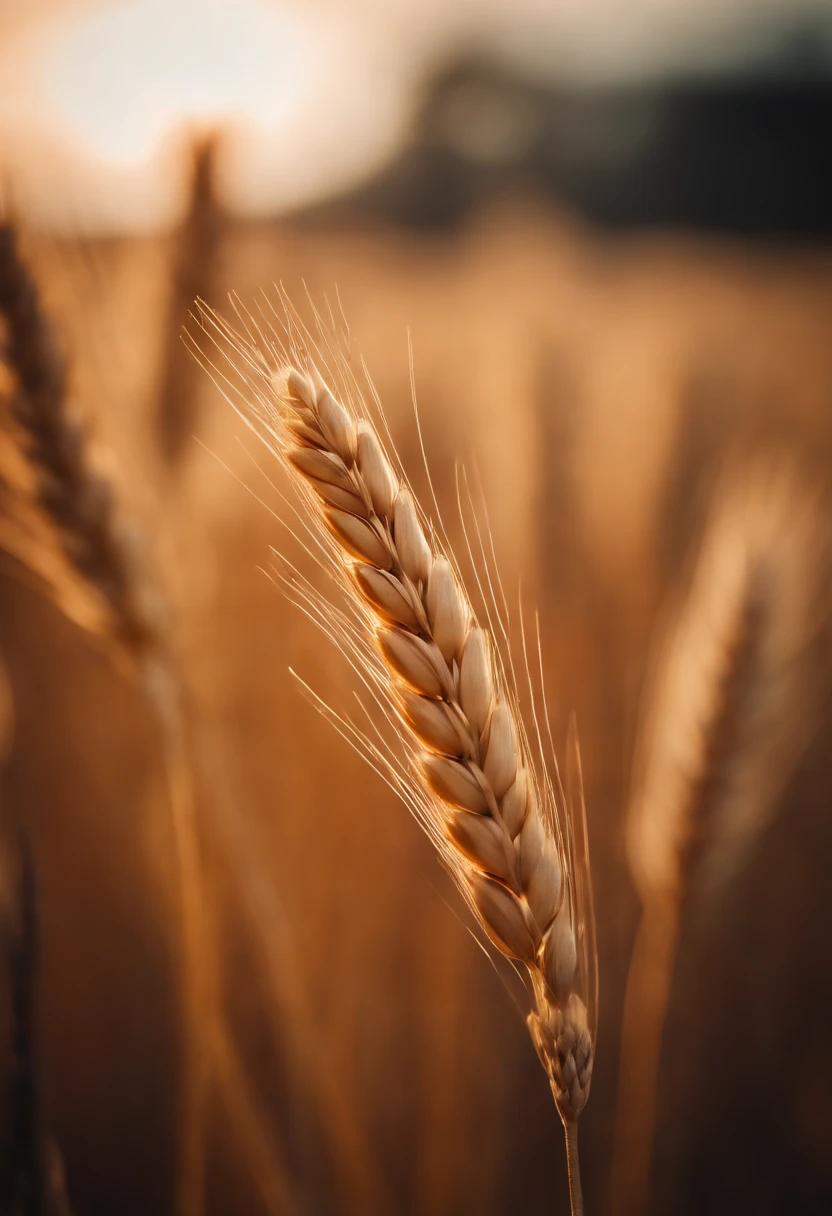 a close-up shot of a single wheat stalk, highlighting the intricate details of the seed head, the texture of the husk, and the warm tones of the grain